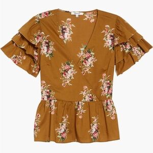 Madewell Peplum Ruffle Sleeve Crossover Top Mustard Brown Olive Floral Size 6